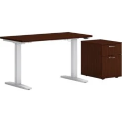 HON Mod 60"W Adjustable Standing Desk With Mobile Storage, Traditional Mahogany (HLPLRW6024CHATBFTM1)