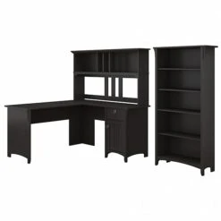 Bush Furniture Salinas 60W L Shaped Desk With Hutch And 5 Shelf Bookcase, Vintage Black (SAL006VB)