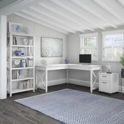 Bush Furniture Key West 60W L-Shaped Desk With 2-Drawer Mobile File Cabinet And 5-Shelf Bookcase, Pure White Oak (KWS016WT)