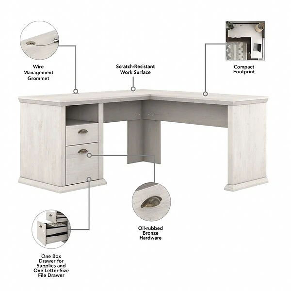 Bush Furniture Yorktown 60" L-Shaped Desk With Hutch, Linen White Oak (YRK001LW) 3 Bush Furniture Yorktown 60" L-Shaped Desk With Hutch, Linen White Oak (YRK001LW) - Image 3