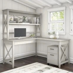 Bush Furniture Key West 60" L-Shaped Desk And Mobile 2-Drawer File Cabinet, Linen White Oak (KWS049LW)