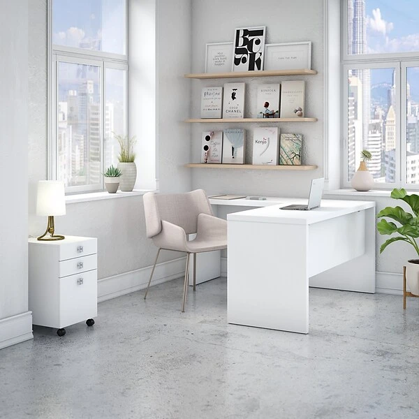 Office By Kathy Ireland® Echo L Shaped Desk With Mobile File Cabinet, Pure White/Pure White (ECH008PW) 1 Office By Kathy Ireland® Echo L Shaped Desk With Mobile File Cabinet, Pure White/Pure White (ECH008PW)