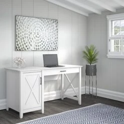Bush Furniture Key West 54" Computer Desk With Storage, Pure White Oak (KWD154WT-03)