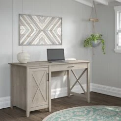 Bush Furniture Key West 54"W Single Pedestal Desk, Washed Gray (KWD154WG-03)
