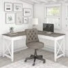 Bush Furniture Key West 60" L-Shaped Desk With Mid-Back Tufted Office Chair, Shiplap Gray/Pure White (KWS045G2W)