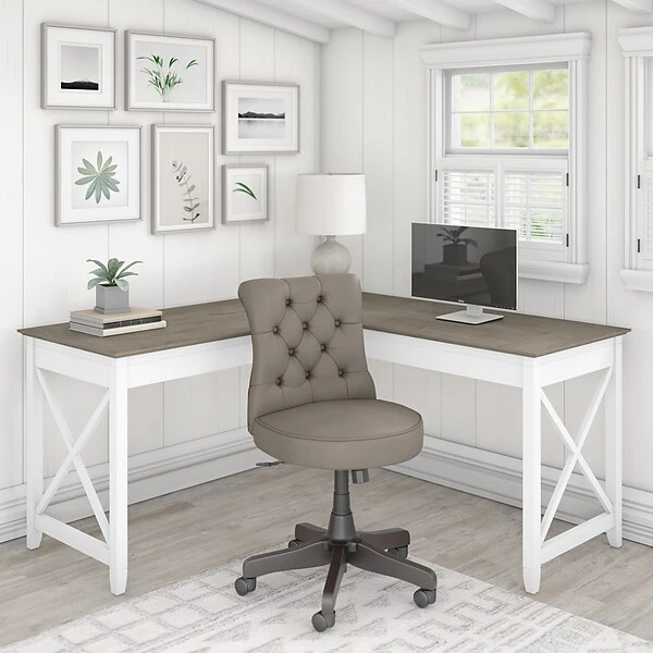 Bush Furniture Key West 60" L-Shaped Desk With Mid-Back Tufted Office Chair, Shiplap Gray/Pure White (KWS045G2W) 1 Bush Furniture Key West 60" L-Shaped Desk With Mid-Back Tufted Office Chair, Shiplap Gray/Pure White (KWS045G2W)