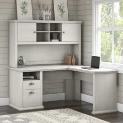 Bush Furniture Yorktown 60" L-Shaped Desk With Hutch, Linen White Oak (YRK001LW)