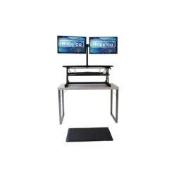 Rocelco 37"W Deluxe Adjustable Desk Riser With Energizing Anti-Fatique Mat And Dual Articulating Monitor Mount (R DADRB-DM2-MAF)