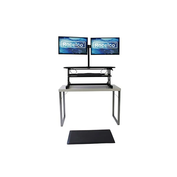 Rocelco 37"W Deluxe Adjustable Desk Riser With Energizing Anti-Fatique Mat And Dual Articulating Monitor Mount (R DADRB-DM2-MAF) 1 Rocelco 37"W Deluxe Adjustable Desk Riser With Energizing Anti-Fatique Mat And Dual Articulating Monitor Mount (R DADRB-DM2-MAF)