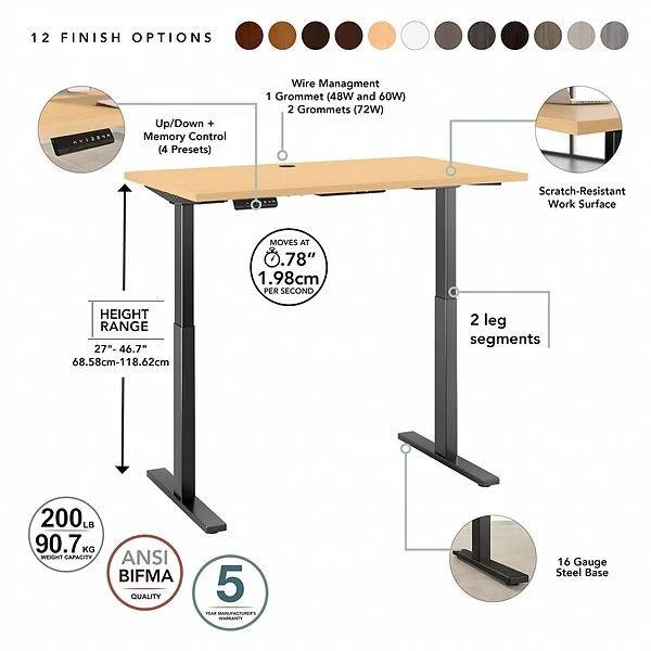 Bush Business Furniture Move 60 Series 27''-47'' Adjustable Standing Desk, Natural Maple (M6S4830ACBK) 2 Bush Business Furniture Move 60 Series 27''-47'' Adjustable Standing Desk, Natural Maple (M6S4830ACBK) - Image 2