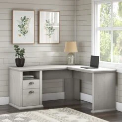 Bush Furniture Yorktown 60" L-Shaped Desk With Storage, Linen White Oak (WC40430-03)