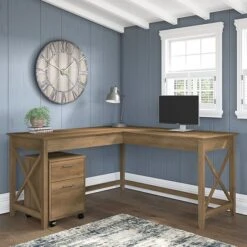 Bush Furniture Key West 60" L-Shaped Desk With Two-Drawer Mobile File Cabinet, Reclaimed Pine (KWS013RCP)