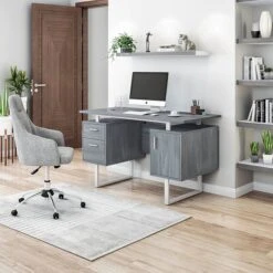 Techni Mobili 51.25"W Modern Office Desk With Storage, Gray (RTA-7002-GRY)