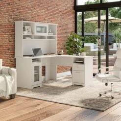 Bush Furniture Cabot 60" L-Shaped Computer Desk With Hutch, White (CAB001WHN)