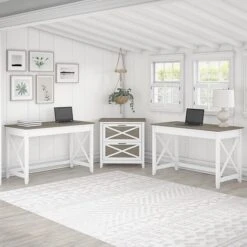Bush Furniture Key West 48" 2-Person Writing Desk Set With Lateral File Cabinet, Shiplap Gray/Pure White (KWS047G2W)