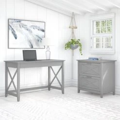 Bush Furniture Key West 48" Writing Desk With File Cabinet, Cape Cod Gray (KWS003CG)