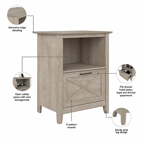 Bush Furniture Key West 34" Corner Desk With Bookcase And Lateral File Cabinet Bundle, Washed Gray (KWS050WG) 3 Bush Furniture Key West 34" Corner Desk With Bookcase And Lateral File Cabinet Bundle, Washed Gray (KWS050WG) - Image 3