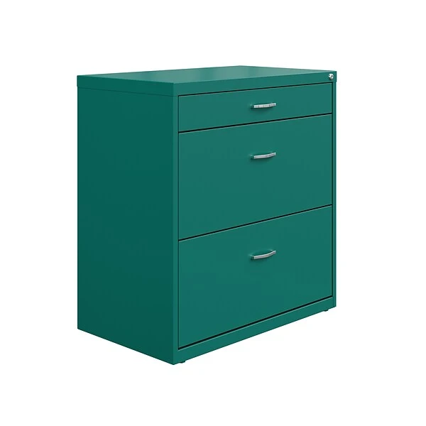 Space Solutions 3-Drawer Lateral File Cabinet, Letter/Legal Size, Lockable, 31.88"H X 30"W X 17.63"D, Teal (25074) 1 Space Solutions 3-Drawer Lateral File Cabinet, Letter/Legal Size, Lockable, 31.88"H X 30"W X 17.63"D, Teal (25074)