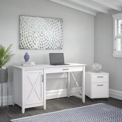 Bush Furniture Key West 54" Computer Desk Bundle, Pure White Oak (KWS006WT)