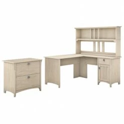 Bush Furniture Salinas 60W L Shaped Desk With Hutch And Lateral File Cabinet, Antique White (SAL005AW)