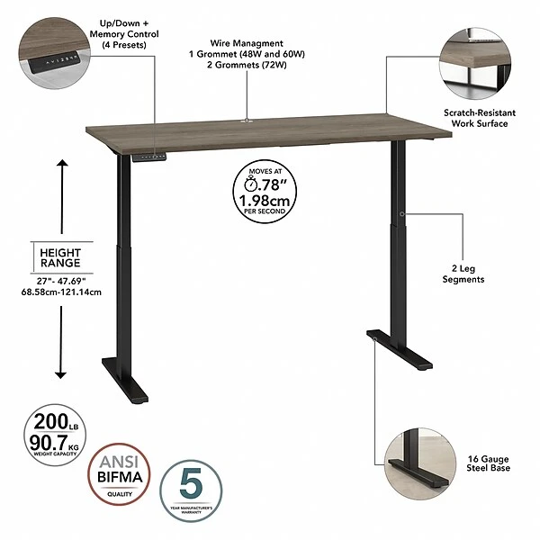 Bush Business Furniture Move 60 Series 27"-48" Adjustable Standing Desk, Modern Hickory/Black (M6S6030MHBK) 2 Bush Business Furniture Move 60 Series 27"-48" Adjustable Standing Desk, Modern Hickory/Black (M6S6030MHBK) - Image 2