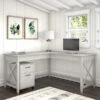 Bush Furniture Key West 60" L-Shaped Desk With 2-Drawer Mobile File Cabinet, Linen White Oak (KWS013LW)