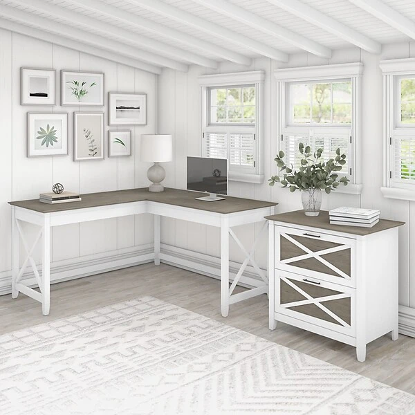 Bush Furniture Key West 60" L-Shaped Desk With 2-Drawer Lateral File Cabinet, Shiplap Gray/Pure White (KWS014G2W) 1 Bush Furniture Key West 60" L-Shaped Desk With 2-Drawer Lateral File Cabinet, Shiplap Gray/Pure White (KWS014G2W)
