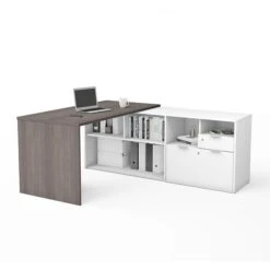 Bestar I3 Plus L-Desk With Two Drawers In Bark Gray & White (160850-4717)