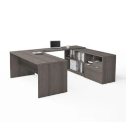 Bestar I3 Plus U-Desk With Two Drawers In Bark Gray (160860-47)