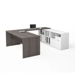 Bestar I3 Plus U-Desk With Two Drawers In Bark Gray & White (160860-4717)