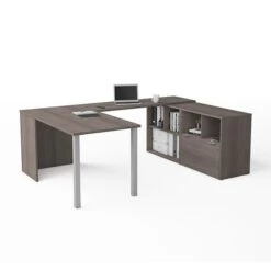 Bestar I3 Plus U-Desk With One File Drawer In Bark Gray (160862-47)