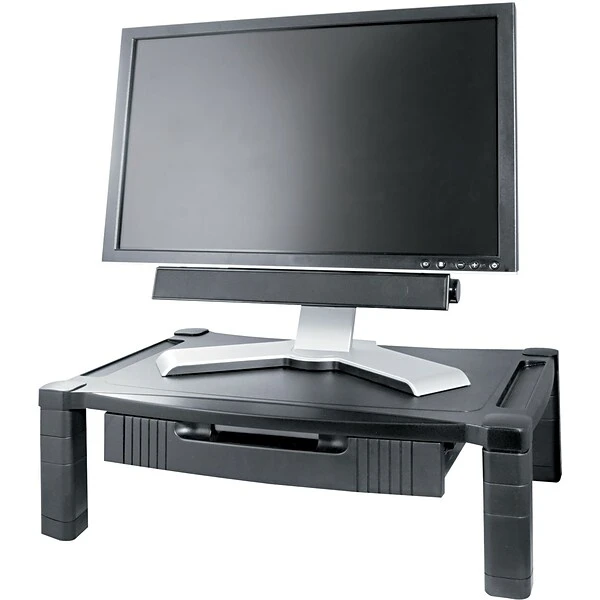 Wide Two-Level Stand With Drawer, Height-Adjustable, 20 X 13 1/4, Black 1 Wide Two-Level Stand With Drawer, Height-Adjustable, 20 X 13 1/4, Black