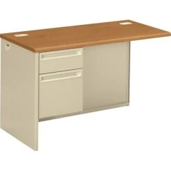 HON® 38000 Series Single-Pedestal Steel Desk W/Flush Left Return Box/File W/Lock, 29-1/2"H X 48"W X 24"D, Harvest/Putty