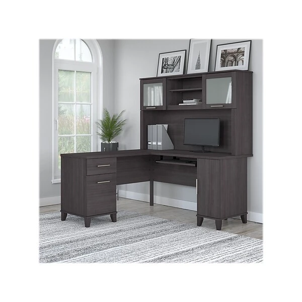 Bush Furniture Somerset 60"W L-Shaped Desk With Hutch, Storm Gray (SET002SG) 1 Bush Furniture Somerset 60"W L-Shaped Desk With Hutch, Storm Gray (SET002SG)
