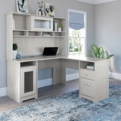 Bush Furniture Cabot 59" L-Shaped Computer Desk With Hutch, Linen White Oak (CAB001LW)
