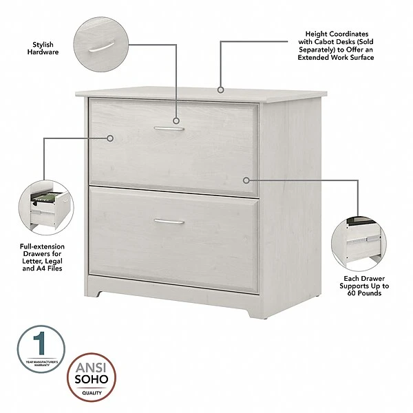 Bush Furniture Cabot 31"W 2-Drawer Lateral File Cabinet, Letter/Legal, Linen White Oak (WC31180) 2 Bush Furniture Cabot 31"W 2-Drawer Lateral File Cabinet, Letter/Legal, Linen White Oak (WC31180) - Image 2
