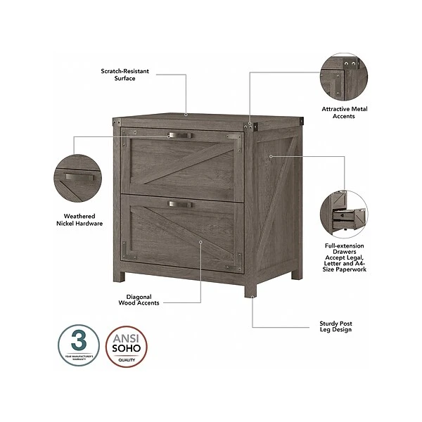 Kathy Ireland® Home By Bush Furniture 2-Drawer Lateral File Cabinet, Letter/Legal, Restored Gray, 29" (CGF129RTG-03) 2 Kathy Ireland® Home By Bush Furniture 2-Drawer Lateral File Cabinet, Letter/Legal, Restored Gray, 29" (CGF129RTG-03) - Image 2