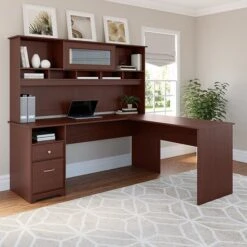 Bush Furniture Cabot 72W L Shaped Computer Desk With Hutch And Drawers, Harvest Cherry (CAB053HVC)