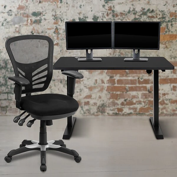 Flash Furniture Electric 27"H - 44"H Adjustable Standing Desk With Black Mesh Executive Office Chair, Black (BLN20460001BK) 1 Flash Furniture Electric 27"H - 44"H Adjustable Standing Desk With Black Mesh Executive Office Chair, Black (BLN20460001BK)