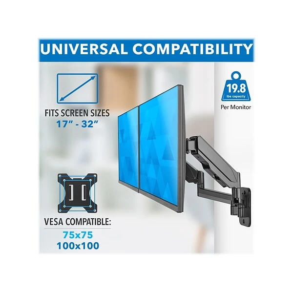 Mount-It! Adjustable Dual Monitor Wall Mount, Up To 32", Black (MI-1766B) 4 Mount-It! Adjustable Dual Monitor Wall Mount, Up To 32", Black (MI-1766B) - Image 4