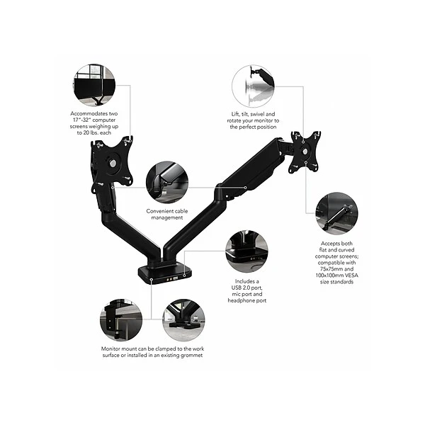 Bush Business Furniture Adjustable Dual Monitor Arm, 17"-32", Satin Black (AC99891-03) 2 Bush Business Furniture Adjustable Dual Monitor Arm, 17"-32", Satin Black (AC99891-03) - Image 2