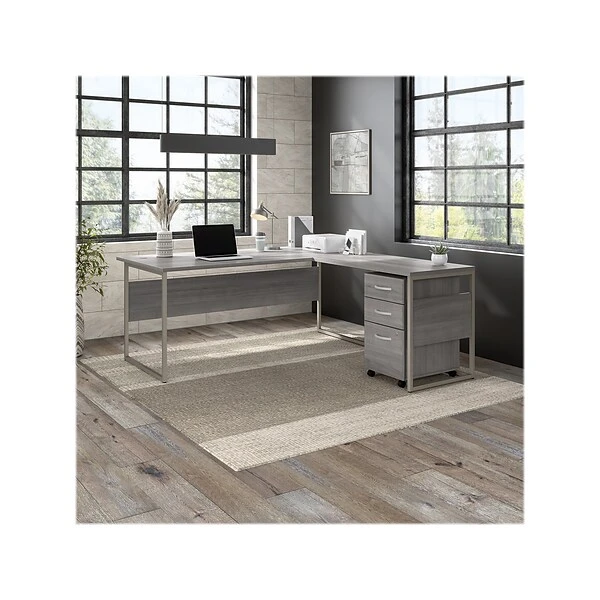 Bush Business Furniture Hybrid 72" W L-Shaped Table Desk With 3-Drawer Mobile File Cabinet Bundle, Platinum Gray (HYB010PGSU) 1 Bush Business Furniture Hybrid 72" W L-Shaped Table Desk With 3-Drawer Mobile File Cabinet Bundle, Platinum Gray (HYB010PGSU)
