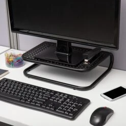 Mind Reader Metal Monitor Stand Riser, Cord Management For IMac/Printer/Laptop/PC, Holds 40 Lbs., 2 Pack, Black (2CHORDMON-BLK)