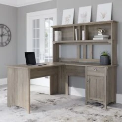Bush Furniture Salinas 60" L-Shaped Desk With Hutch, Driftwood Gray (SAL004DG)