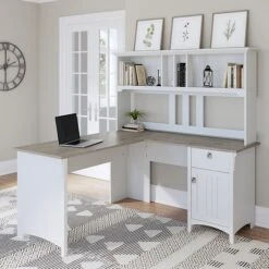 Bush Furniture Salinas 60" L-Shaped Desk With Hutch, Shiplap Gray/Pure White (SAL004G2W)