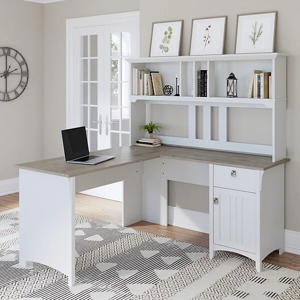 Bush Furniture Salinas 60" L-Shaped Desk With Hutch, Shiplap Gray/Pure White (SAL004G2W) 1 Bush Furniture Salinas 60" L-Shaped Desk With Hutch, Shiplap Gray/Pure White (SAL004G2W)