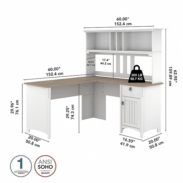 Bush Furniture Salinas 60" L-Shaped Desk With Hutch, Shiplap Gray/Pure White (SAL004G2W) 4 Bush Furniture Salinas 60" L-Shaped Desk With Hutch, Shiplap Gray/Pure White (SAL004G2W) - Image 4
