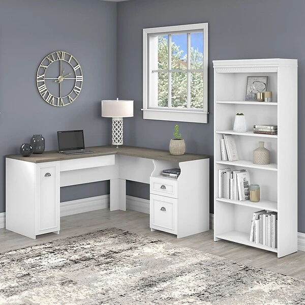 Bush Furniture Fairview 60" L-Shaped Desk With 5-Shelf Bookcase, Shiplap Gray/Pure White (FV007G2W) 1 Bush Furniture Fairview 60" L-Shaped Desk With 5-Shelf Bookcase, Shiplap Gray/Pure White (FV007G2W)