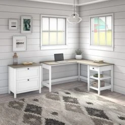 Bush Furniture Mayfield 60" L-Shaped Computer Desk With 2-Drawer Lateral File Cabinet, Pure White/Shiplap Gray (MAY011GW2)