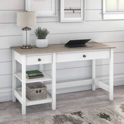 Bush Furniture Mayfield 54" Computer Desk With Shelves, Pure White/Shiplap Gray (MAD154GW2-03)